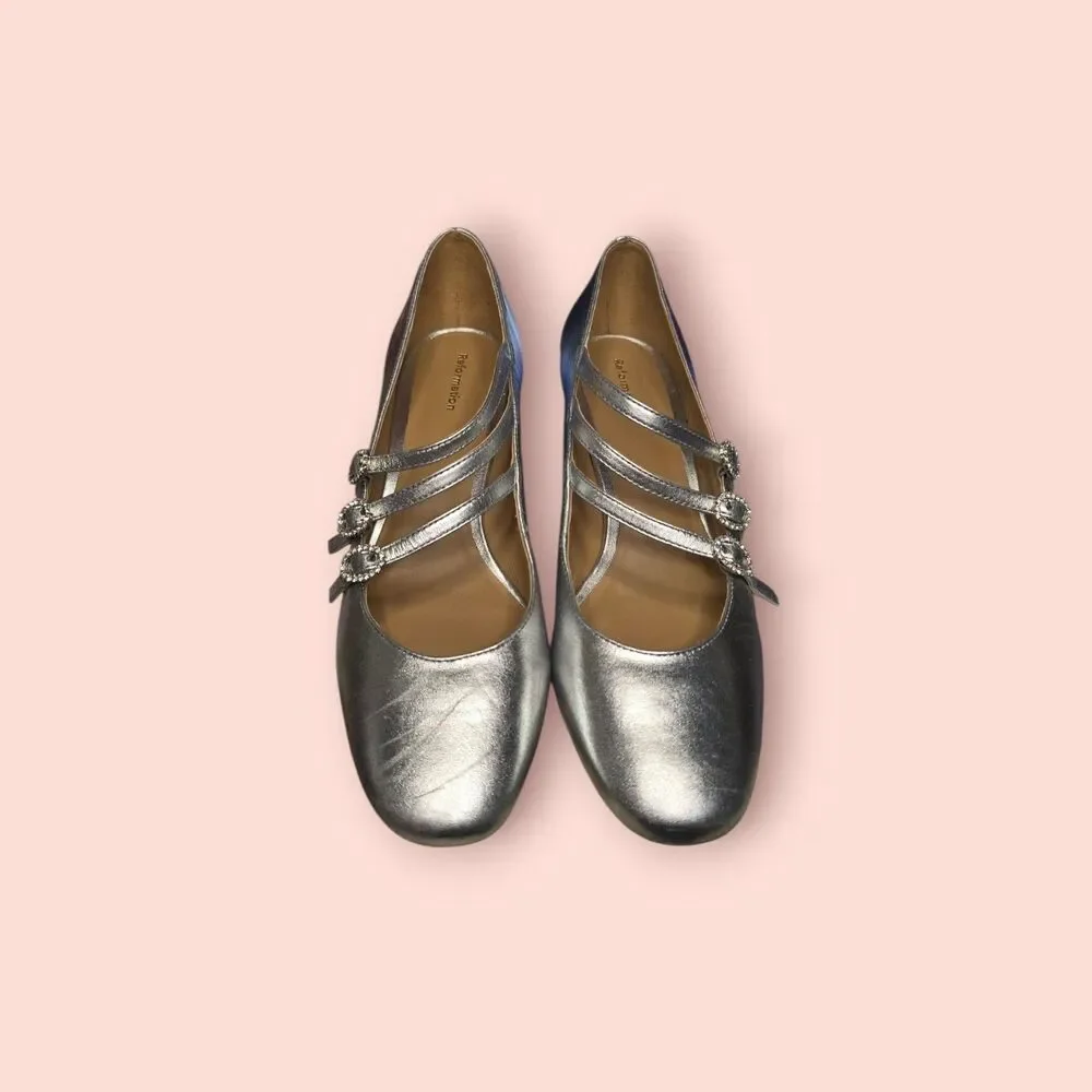 Reformation Mimi Buckle Pump Silver Rhinestone Block Heel Pumps Metallic 8.5 - Picture 3 of 4